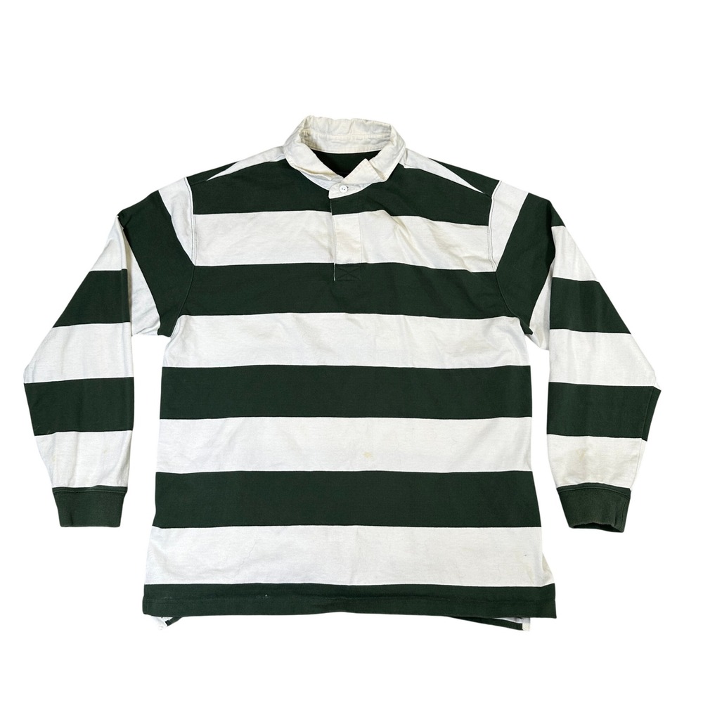 LL Bean Mens Green White Striped Long Sleeve Cotton Rugby Shirt XL